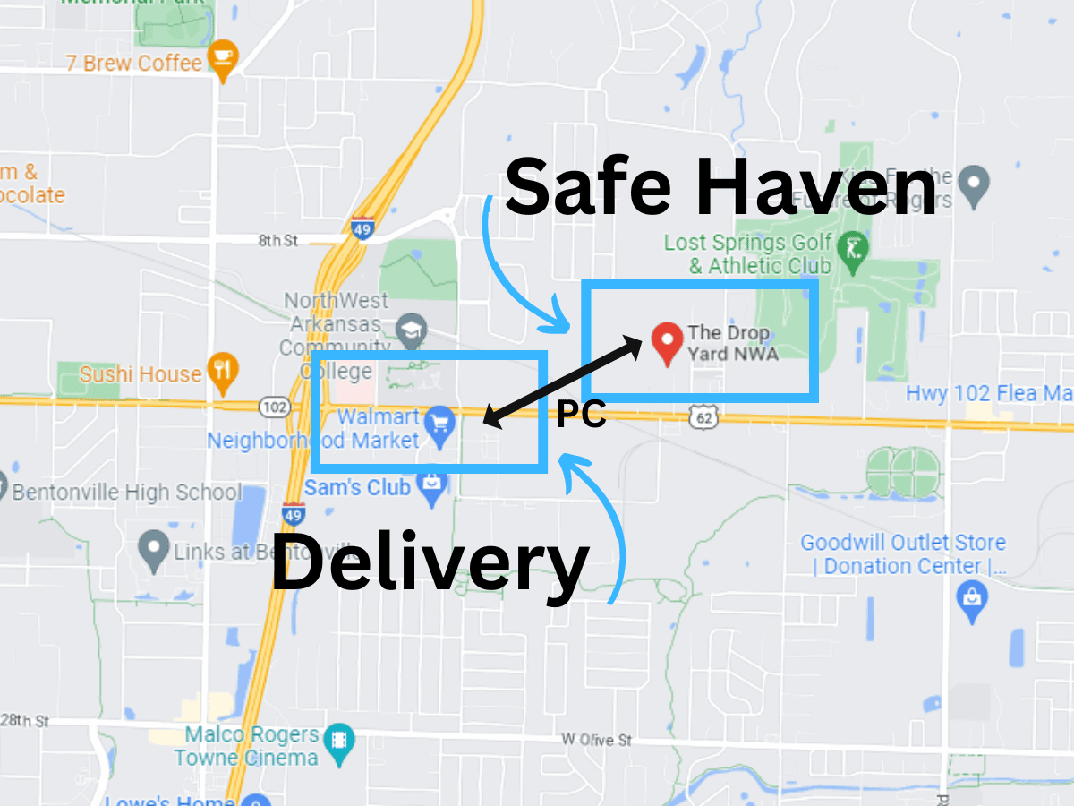A screenshot of a map, with graphics showing where a potential delivery point is in comparison with a safe location.