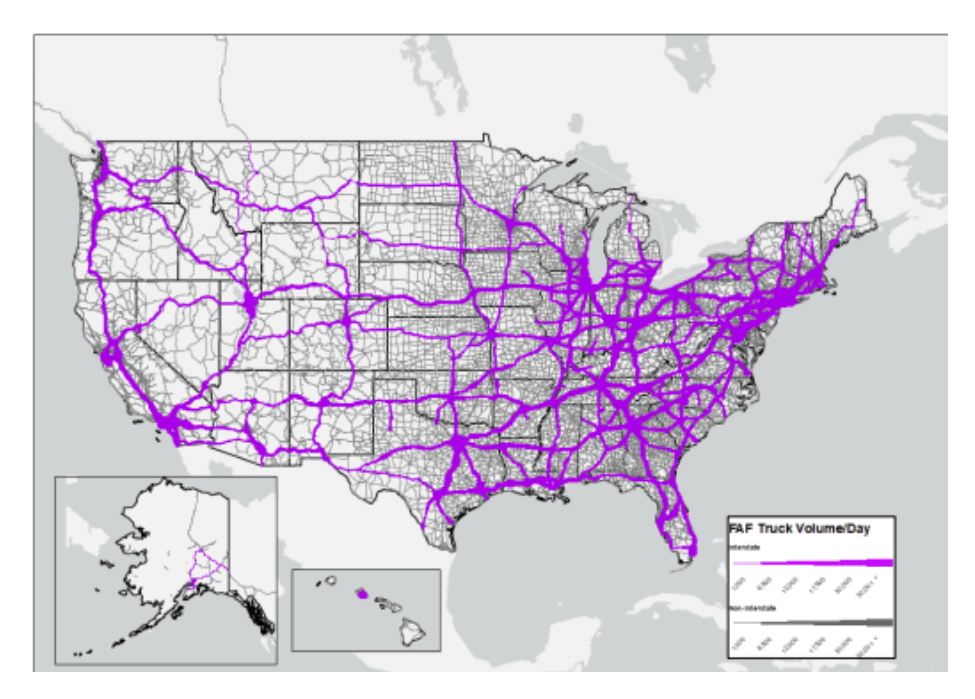 A map of the US showing truck volume per day