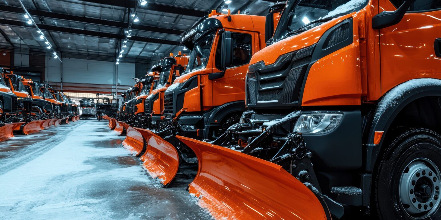 Bright Orange Snowplow Trucks Parked In A Garage Industrial Setting Winter Equipment Showcase High Definition Perspective